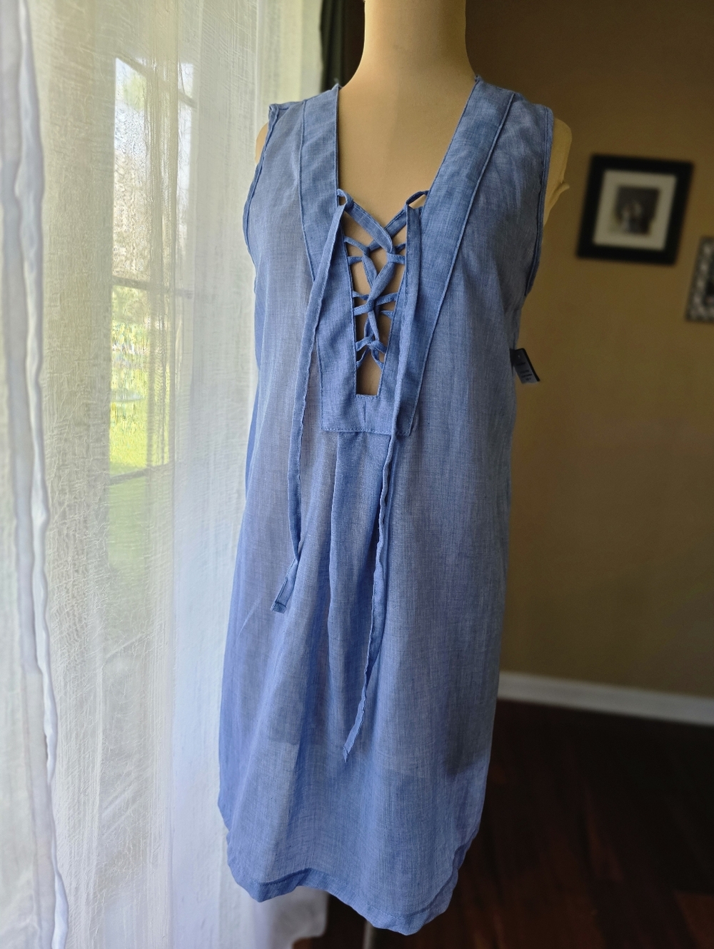 Portacruz Blue Lace-Up Linen-Like Dress / Swim Cover-Up Size Medium Beach Vibes